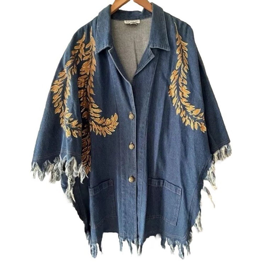 Vtg Denim Poncho Shirt XL Fringe Paint Western Boho‎ Chic Dolly Art Nashville - Picture 2 of 16